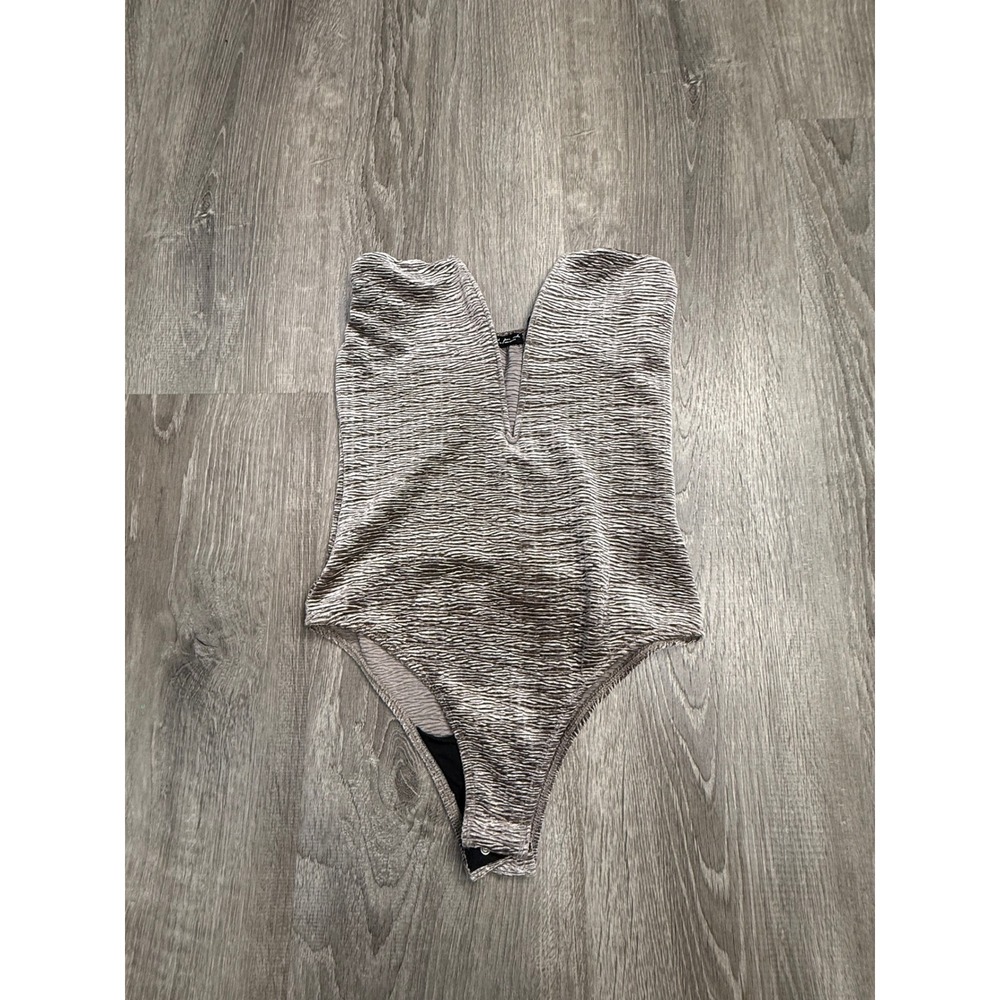 Out From Under Urban Outfitters Bodysuit Silver Plisse Deep V-Neck Small SP